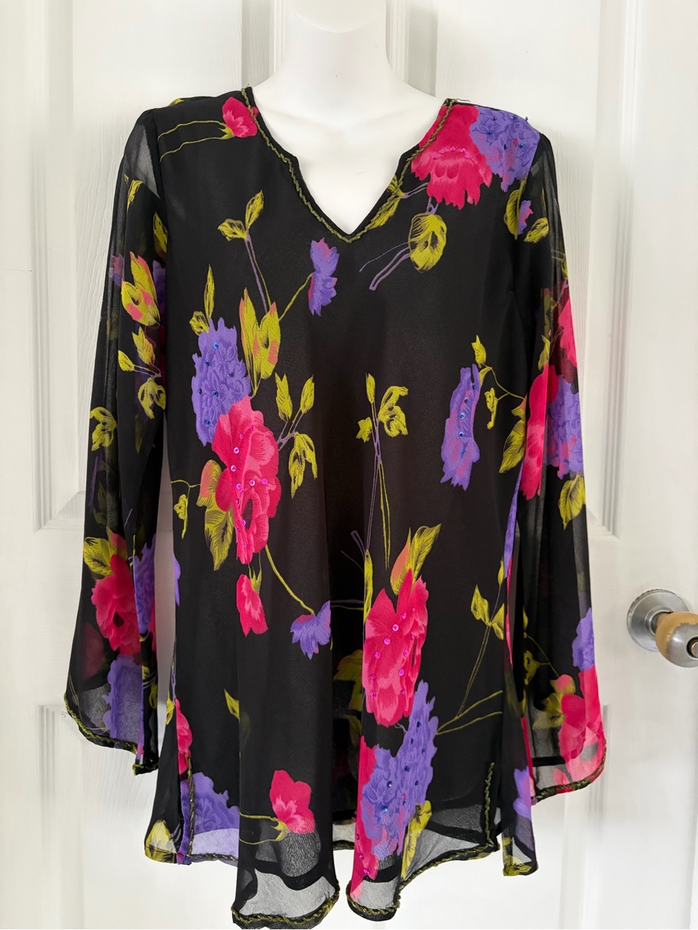 Signature Black Sheer V-Neck Blouse with Pink, Purple & Yellow Floral